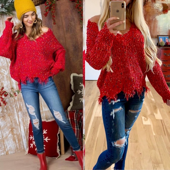 Sweaters - Red V-Neck Distressed Sweater